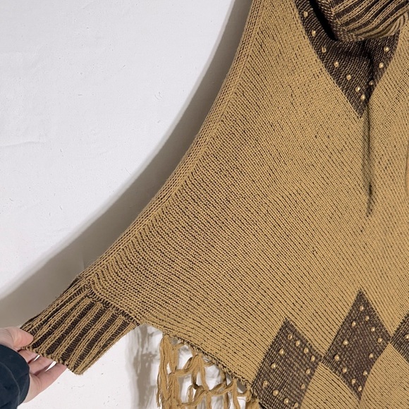 Unique Intl Tan Wool Blend Knit Turtleneck Poncho With Fringe - Picture 8 of 14